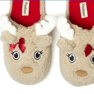 Dearfoams Beige Reindeer Slippers with Red Insole